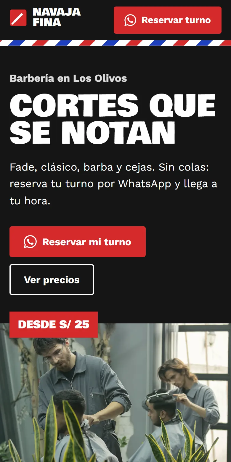 Vista en celular de la página de ejemplo de Navaja Fina